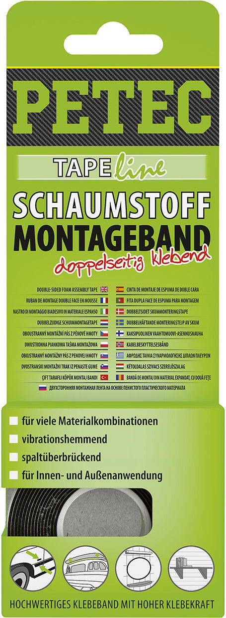 PETEC Schaumstoff-Montageband schwarz - 2 m x 12 mm x 1 mm
