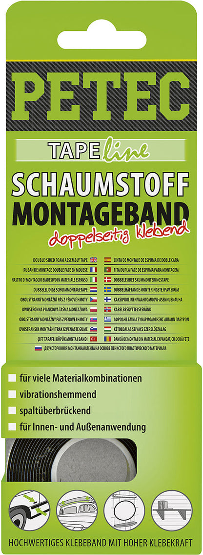 PETEC Schaumstoff-Montageband schwarz - 2 m x 12 mm x 1 mm
