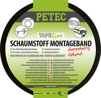 PETEC Schaumstoff-Montageband schwarz - 10mx19mmx1mm